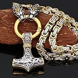 LMCLJJ Viking Thors Hammer Halskette füR Herren, Vintage Edelstahl Keltischer Knoten Rune Mjolnir AnhäNger, Doppelter Wolfskopf KöNig Ketten Amulett Schmuck,50
