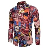 HUIWU Herren Hawaii-Print Hemd Langarm Button Down Baumwolle Blumen Mehrfarbig Slim Fit Shirts Freizeithemd Männer Herbst Winter Große Größe Paisley Casual Shirt Langarmhemd Lang