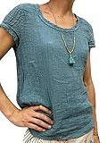 ORANDESIGNE Damen Kurzarm T-Shirt Leinen-Mix Rundhals Blusen Beiläufig Einfarbig Shirt Sommer Lose Shirt Tees Hellblau 42