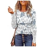 Pullover Damen Christmas Langarmshirt Spitze Spleißen Langarm Slim Fit Henley Shirt Winter Pulloverpullis Druck im weihnachtlichen Stil Motiv Oberteile Rundhalsausschnitt Pullover D