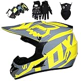 KILCVEM Motorradhelm Kinder Motocross Helm Set Fahrradhelm Unisex Fullface Cross Helm mit Fox Design Downhill Quad Enduro ATV Mountainbike Motorrad Schutzhelm - Zitronen Gelb,M