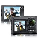 COOAU Action Cam Native 4K 60fps 20MP Touchscreen Wi-Fi Kamera mit Doppel-LCD-Bildschirm EIS Anti-Shake, wasserdicht 40m mit externem Mikrofon, 2 x 1350mAh B