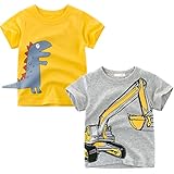 2-Pack Kleinkind Jungen Kurzarm Tierfahrzeug T-Shirts Kleine Jungen Baumwolle Dinosaurier Feuerwehrauto Sommer Top