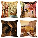 Kissenbezug 55x55 cm (22x22 Zoll), Abstrakte Retro-Straßenszene Dekorative Kissenhülle 4 Stück Doppelseitig Bedruckt Leinen Quadrat Zierkissen Bezüge für Couch Schlafzimmer Zuhause Outdoor Sofak