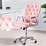 Büro-PU-Leder-Bürostuhl, süßer Drehstuhl mit mittlerer Rückenlehne, höhenverstellbar, mit Armlehnen und Rädern für Wohnzimmer / Arbeitszimmer gepolstert, silberne Metallbasis, (schwarz, blau, pink)