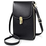 REETEE Damen Handy Umhängetasche Echtes Leder Geldbörse Damen Handytasche zum Umhängen Damen Schultertasche Crossbody kleine Handy Tasche Kreditkarten Frauen Brieftasche (schwarz)