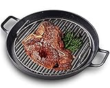 Grillpfannen,Gusseisenpfanne,Grillplatte aus Emailliertem Gusseisen,Cast Iron Skillet,Kitchen Runde Grill Pfanne aus Gusseisen,Eingebrannte Bratpfanne mit Rillen Boden- BBQ Camping und Garten,26