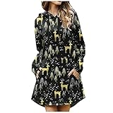 Deloito Weihnachten Damen Kleid Elegant Weihnachtskleid Lang Kapuzenpullover mit Kordelzug und Tasche Weihnachtsmotiv Minikleid Casual Hoodies Sweatshirt Xmas Pullover Kleid Langarm Party