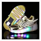 JUNSHANG Single Wheel Children's Roller Skate Shoes,Women's LED Lights Wing Trainers Low-Top Flashing Trainer Lace Up Shoes Outdoor Gymnastikschuhe, Gold- 40