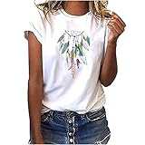 Damen Tshirt Kurzarm Sommer Oberteile mädchen Mode Farbe Feder Traumfänger Dekoration Tops Casual Frauen Rundhals Basic Shirt Sweatshirt Pullover Bluse Hemd Tunic Tunika Fitness T