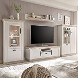 Lomadox Landhaus Wohnwand Pinie weiß mit Vitrine & Highboard, TV-Lowboard & Regal inkl. LED-Beleuchtung