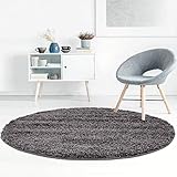 carpet city Hochflor Teppich Wohnzimmer Einfarbig - Anthrazit - 80 cm Rund - Shaggy Langflor Uni Schlafzimmer - Weich&Flauschig - M