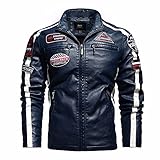 HXKJ Herren Kunst-Lederjacke Bikerjacke für Herbst Winter, Bestickte Jacke mit Mehreren Reißverschlusstaschen Blue-XXL