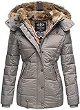 MARIKOO warme Damen Winter Jacke Winterjacke Steppjacke gefüttert Kunstfell B658 [B658-Nek-Grau-Gr.L]