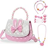 Kleine Mädchen Handtasche mit Kinder Schmuck Set Niedliche Umhängetasche Mädchen Geldbörse für Kinder Kleinkinder Geschenk Geburtstag Weihnachtsfeier Rollenspiel Halskette Armband Haar Handclips S