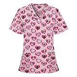 Graceyo Kasacks Damen Pflege Karikatur Drucken Bluse Kurzarm V-Ausschnitt Pfleger T-Shirt Arbeitsuniform Schlupfkasack Arbeitskleidung Krankenschwester Uniformen mit T