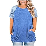 Übergröße Tops für Frauen Casual Kurzarm Sommer Tops Damen Einfarbig Tee Shirts Lose Rundhals Blusen Mode Tunika Tops mit Taschen, blau, XXL