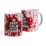 Elbenwald Tasse Keep Calm and Kill Zombies Rundumdruck mit Blutspritzern für The Walking Dead und Zombie Fans 320 ml Keramik weiß