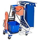 HOMCOM Putzwagen Reinigungswagen 4 Fahreimer Wischwagen Systemwagen mit Rollen Blau Orange 100 x 70 x 103