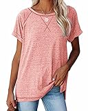 JOCAFIYE Damen T-Shirt Rundhals-Ausschnitt Kurzarm Top Einfarbig Shirt Oberteil Casual Sommer Tee Tops H Pink L