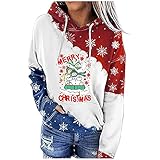 Hoodie Damen Weihnachts Rentier Druck Kapuzenpullover Schneeflocke Pulli in Kontrastfarbe mit Tasche Herbst Winter Kapuzenpullover Sportbekleidung mit Kordelzug Langarm Shirts Lose Blusenoberteile …