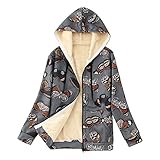 FNKDOR Große Größen Winterjacke Damen mit Teddyfutter und Kapuze Schmetterling Motiv Zipper Sweatshirt Wintermantel Hoodie Grau M