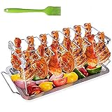 Hähnchenschenkel Halter für Backofen & Grill, Hähnchenbräter aus Edelstahl, Hähnchenhalter für 14 Keulen, Hähnchenkeulenhalter mit Auffangschale, Hähnchen Grill Ständer & BBQ Rack with BBQ