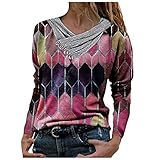 Damen-T-Shirt, Bluse, modisch, langärmlig, Pullover, Teenager, Batik, bedruckt, Stickkragen, Bluse, Tops, V-Ausschnitt, Frühlings-Sweatshirts, T-Shirts, rose, 36