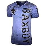 Herren Rundhals Vintage Verwaschen Stretch T-Shirt Kurzarm Slim Fit Design Fashion Shirt B-08, Farbe:Blau, Größe:XL