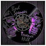 OLDFAI Wanduhr Aus Vinyl Schallplattenuhr, LED Uhr Muster Mit Bud Spencer Terence Hill 3D Design Familien Deko Kunst Geschenk 7 Farben Mit Fernbedienung Stille Uhren, 30Cm/12I