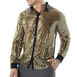 KBUY 70er Jahre Herren Langarm Hemd mit Pailletten Metallic Glänzend Sequin Glitzer Kostüm Slim Fit Tops für Party Halloween Cosplay Nachtclub Disco Tanzen Herren 70er Button Down Pailletten H