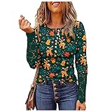 Weihnachten T-Shirt Damen Spitze Langarm Bluse Herbst-Winter Rundhals Weihnachten Motiv Bedruckt Pullover Damen Oversize Sweatshirt Lässig Bequeme Basic Shirt Blusen Baumwolle Tops Ob