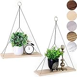 FORESTBARN Boho-Hängeregale, 2er-Set, schwebende Regale, Seil-Hängeregal, Boho-Wanddekor-Regal, Hängeregal für Pflanzen, Schlafzimmer, Badezimmer, Wohnzimmer, Wandregale, natürliche Holzfarb