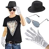 Beelittle MJ Michael Jackson Performance Kit Kostüm Zubehör Set - Fedora Hut Pailletten Handschuh und Sonnenb