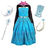 FStory&Winyee Kinder Eiskönigin ELSA Mädchen Prinzessin Kleid mit Umhang Karneval Party Kostüm Cosplay Verkleidung Halloween Fest, Blau, 130(Körpergröße 120cm-130cm)