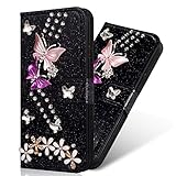 Yobby Hülle für Samsung Galaxy S8,Brieftasche PU Leder Bling Glitzer Schwarz Handyhülle,3D Bunt Strass Blumen Schmetterling Flip Case Magnetisch mit Kartenfach Stoßfeste Schutzhü