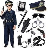 Polizei Kostüm Kinder mit Polizei Ausrüstung Polizei Hemd Hosen Polizeimütze Handschellen Polizeiabzeichen Gürtel Sonnenbrille Walkie Talkie Polizei Spielzeug für Kinder Jungen Halloween Karneval (S)