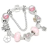 FZSWD Schlangenkette Charm Armbänder Liebe Herz Perlen Rosa Blume Anhänger Feine Armbänder Armreifen Für Frauen Paar Schmuck Geschenk