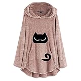 Hekbaep Damen Casual Bedrucken Pullover Sweatshirt Taschen Oberteile Oversize Tops Einfarbiger Pullover Mit Kapuze Und Katzen Plüschoberteil Langarmshirt Lose Asymmetrisch Jumper (Rosa, M)