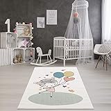 payé Teppich Kinderzimmer - Cream - 140x200cm - Spielteppich Luftballon Herz fröhliches Mädchen Kurzflor Kinderteppich - Oeko-Tex Standard 100