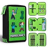 Minecraft Federmäppchen Junge Gefüllt, Federtasche Junge gefüllt mit Schreibwaren, 3 Fächer Pencil Case, Einschulung Jung