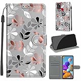 nancencen Kompatibel mit Samsung Galaxy A21S Hülle, Retro Persönlichkeit Dünne Handyhülle, Mit Magnetschnalle und 2 Kartenfächern, Mode Flip Cover Schutzhülle - Grauer Hintergrund Laub