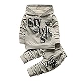 Hirolan 2 Stück Kinderkleidung Set Baby Kapuzenpullover Mantel Outfits Kleinkind Junge Stil Beschriftung Hoodie Tops Muster Hose Strampelanzug Baumwolle Langarmshirt Strampelhöschen (Grau, 90)