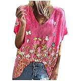 Damenmode V-Ausschnitt Kurzarm Lose Bedrucktes T-Shirt Bluse Tops Pullover Oversized Schwarz Tees für Frauen, rot, S