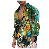 heizi Herren Herbst Winter Baumwolle und Leinen gedruckt Lange Ärmel Einreiher Stehkragen Casual Hemd Bluse, grün, L