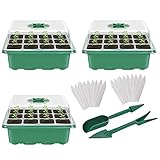 MOPOIN Zimmergewächshaus Anzucht Set, 3 Stück Mini Gewächshaus Anzuchtschalen Setzling, Anzuchttöpfe mit Gartengeräte Klein und Pflanzenetikett, Ideal für Sämling Pflanze Aufzucht (12 Löchern)