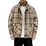 ZSYDS Männer Karierte Jacke Kaschmir Stehen Kragen Knopf Sweatshirt Pullover Flanell beiläufige Plaid Gesteppte Lumberjack lose Werkzeuge Karo Hoodie zufällige Spitze (Color : Khaki, Size : L)