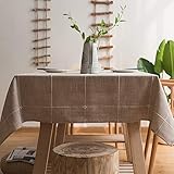 Plenmor Baumwoll-Leinen Tischdecke für rechteckige Tische solide Gitter-Stickerei Tischbedeckung für Küche Esstisch Dekoration(135x300 cm, Khaki)