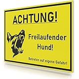 FLAGLY Premium Schild Achtung Freilaufender Hund! Betreten auf eigene Gefahr 30x20cm aus 3mm PVC Hartschaumplatte MADE IN GERMANY - stabiles Hinweisschild / Warnschild, wetterfest & UV-beständig