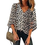 XUNN Damen Tops Mode Sexy Leopard Mesh Panel Bluse mit V-Ausschnitt 3/4 Bell Sleeve Casual Loose Top Shirt Frauen Ob